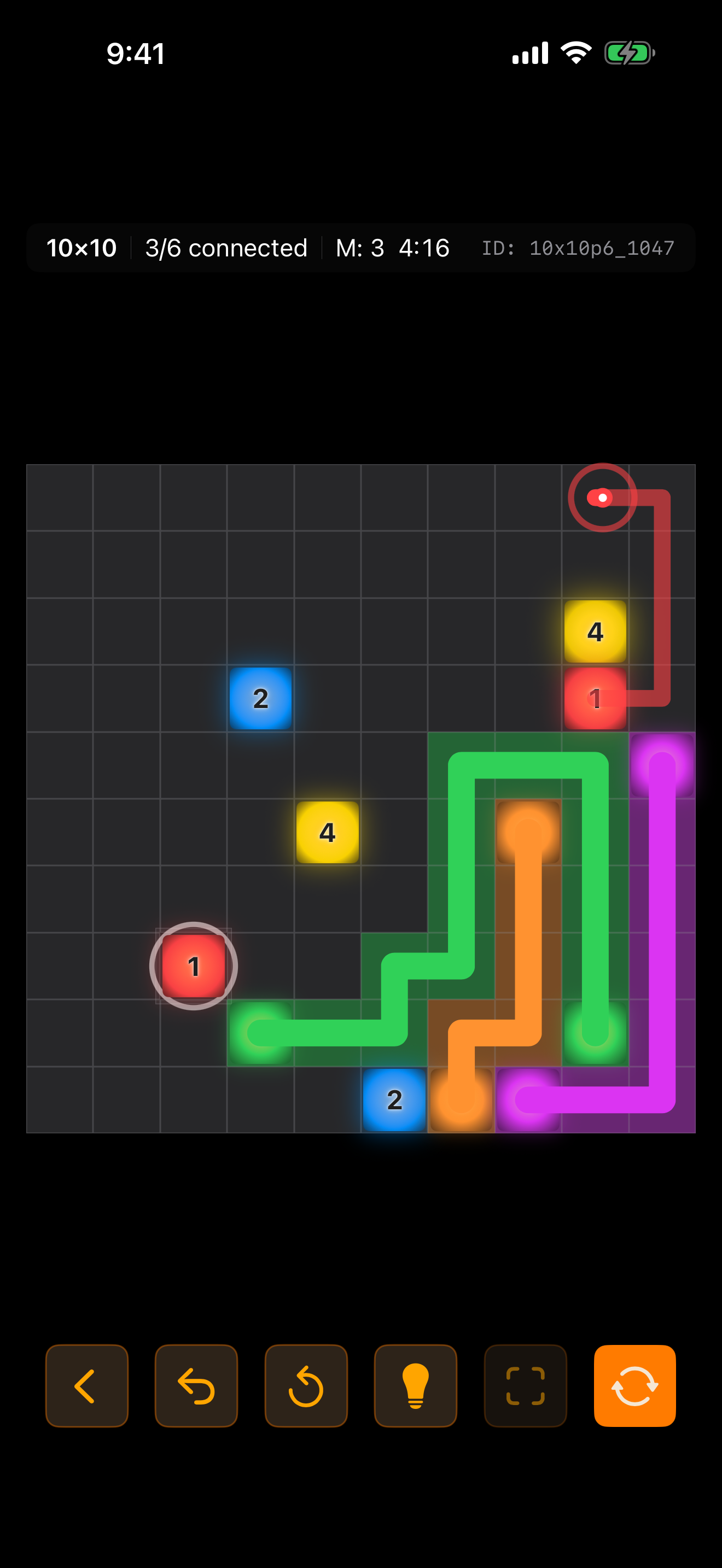 Line Forge gameplay — a mid-size grid mid-solve, colored paths drawn between glowing molten endpoints on a dark-iron board
