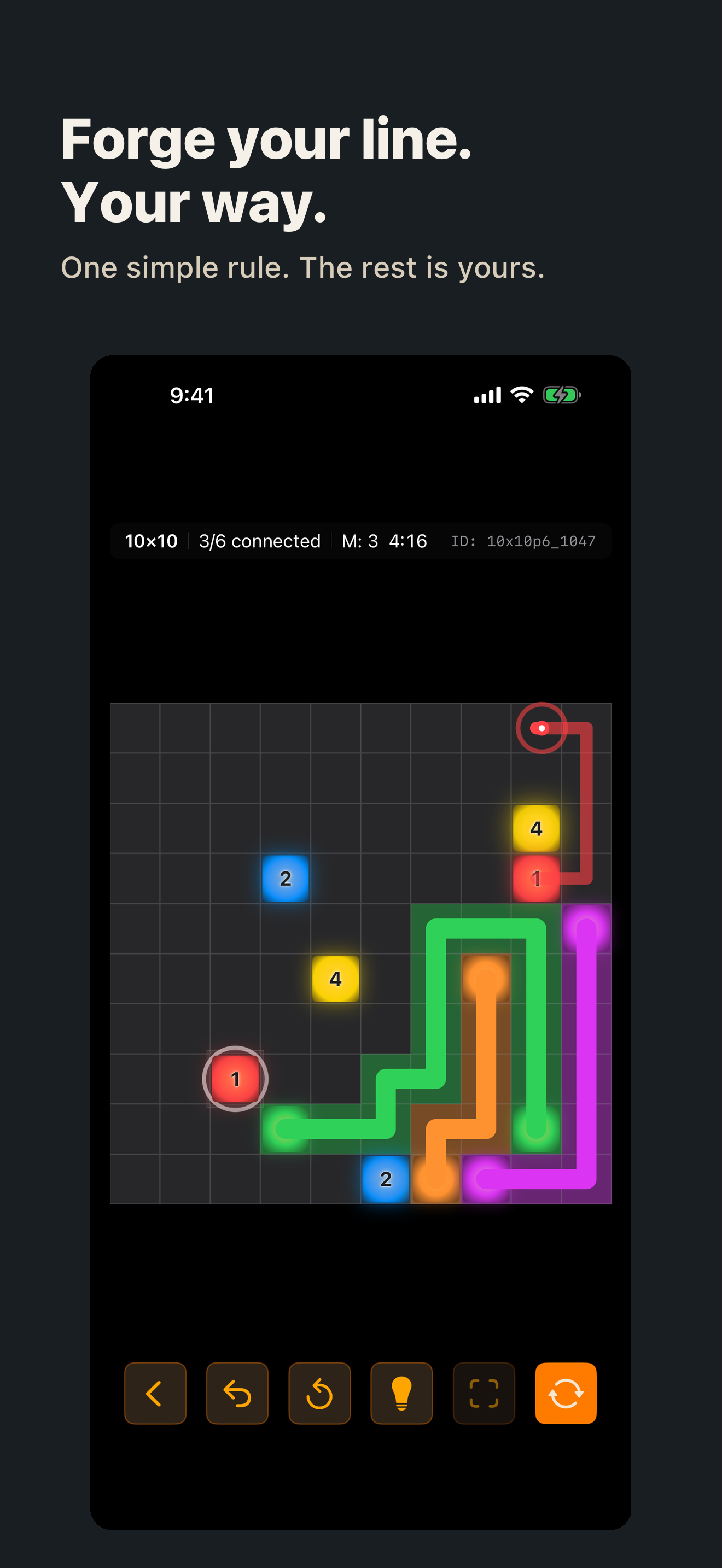 Gameplay mid-solve with glowing endpoints and drawn paths