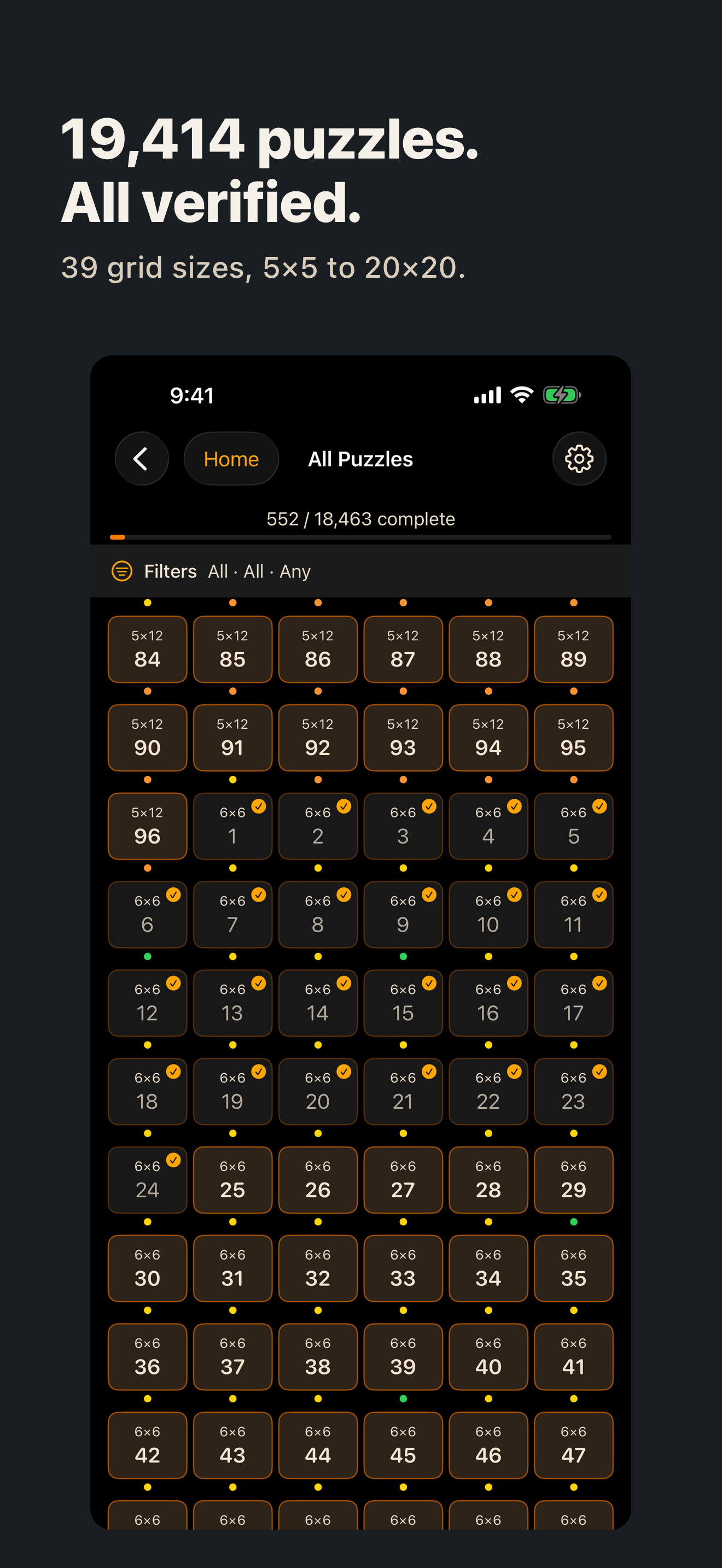 Browse screen showing the catalog's variety of grid sizes and completed puzzle tiles