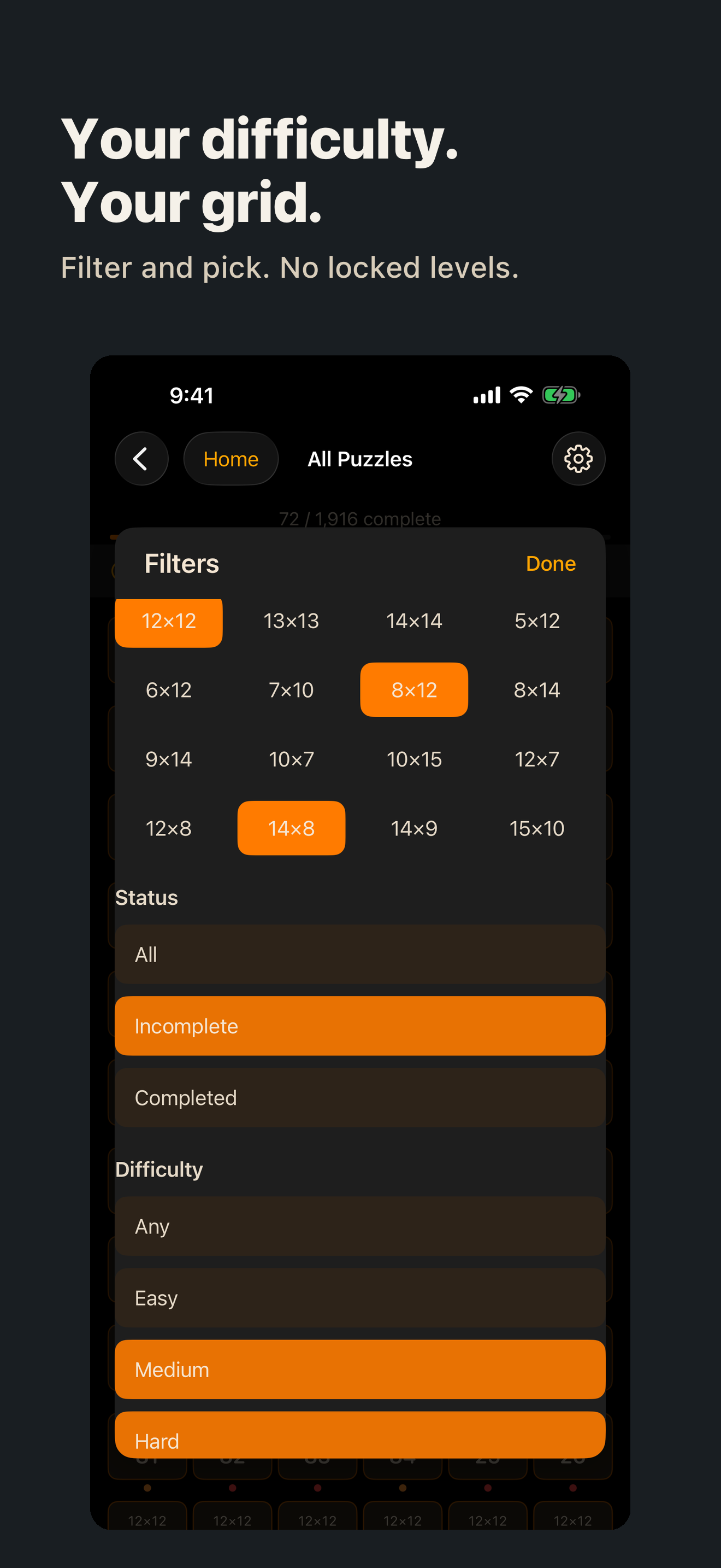 Filter overlay with difficulty and grid-size multi-select