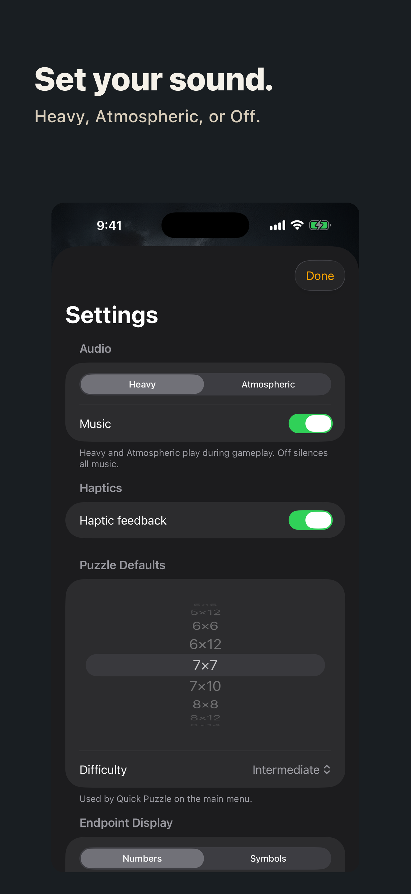Settings screen with the music picker — Heavy, Atmospheric, or Off — and mute